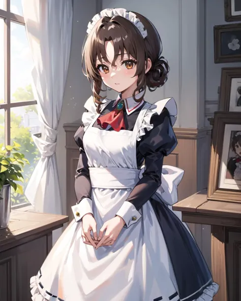 masterpiece, best quality, 1 girl, <lora:maria_v10:0.5>, ma1, maid, maid headdress, brown eyes, long sleeves, maid apron, white apron, blue dress, juliet sleeves, red ascot, frills