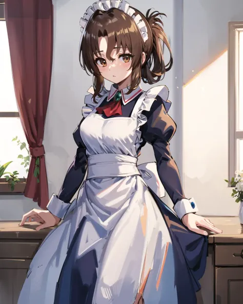 masterpiece, best quality, 1 girl, <lora:maria_v10:0.7>, ma1, maid, maid headdress, brown eyes, long sleeves, maid apron, white apron, blue dress, juliet sleeves, red ascot, frills