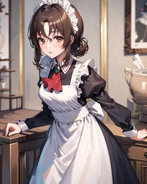 masterpiece, best quality, 1 girl, <lora:maria_v10:0.5>, ma1, maid, maid headdress, brown eyes, long sleeves, maid apron, white apron, blue dress, juliet sleeves, red ascot, frills