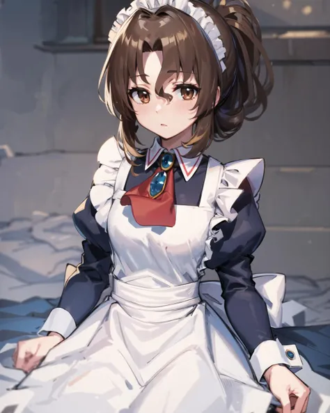 masterpiece, best quality, 1 girl, <lora:maria_v10:0.7>, ma1, maid, maid headdress, brown eyes, long sleeves, maid apron, white apron, blue dress, juliet sleeves, red ascot, frills