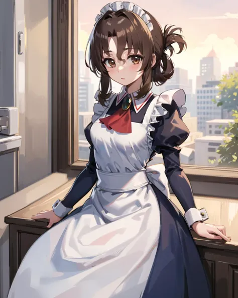masterpiece, best quality, 1 girl, <lora:maria_v10:0.7>, ma1, maid, maid headdress, brown eyes, long sleeves, maid apron, white apron, blue dress, juliet sleeves, red ascot, frills