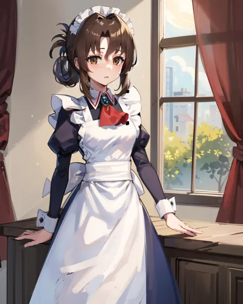 masterpiece, best quality, 1 girl, <lora:maria_v10:0.7>, ma1, maid, maid headdress, brown eyes, long sleeves, maid apron, white apron, blue dress, juliet sleeves, red ascot, frills