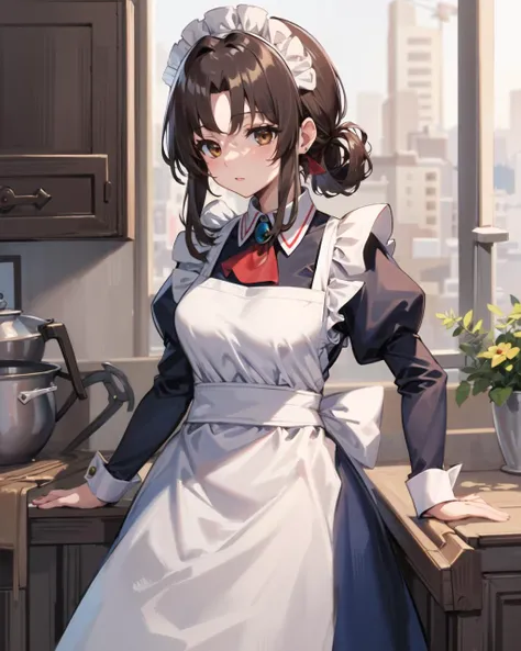 masterpiece, best quality, 1 girl, <lora:maria_v10:0.5>, ma1, maid, maid headdress, brown eyes, long sleeves, maid apron, white apron, blue dress, juliet sleeves, red ascot, frills