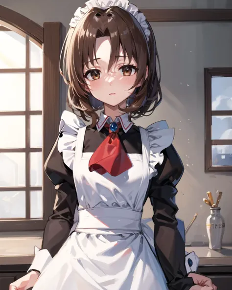 masterpiece, best quality, 1 girl, <lora:maria_v10:0.5>, ma1, maid, maid headdress, brown eyes, long sleeves, maid apron, white apron, blue dress, juliet sleeves, red ascot, frills