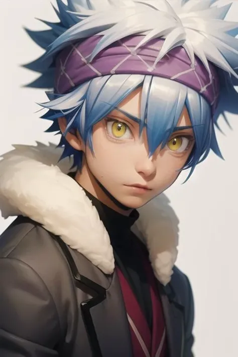 masterpiece, best quality, high quality, 1boy, solo, male focus, looking at viewer, upper body, <lora:horibe_itona:0.84>, horibe_itona, yellow eyes, white hair, headband, spiked hair, hair between eyes, fur trim