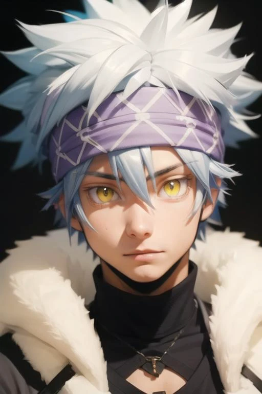 masterpiece, best quality, high quality, 1boy, solo, male focus, looking at viewer, upper body, <lora:horibe_itona:0.84>, horibe_itona, yellow eyes, white hair, headband, spiked hair, hair between eyes, fur trim
