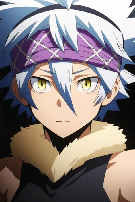 masterpiece, best quality, high quality, 1boy, solo, male focus, looking at viewer, upper body, <lora:horibe_itona:0.84>, horibe_itona, yellow eyes, white hair, headband, spiked hair, hair between eyes, fur trim
