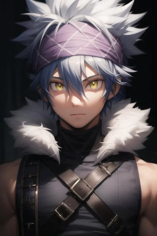 masterpiece, best quality, high quality, 1boy, solo, male focus, looking at viewer, upper body, <lora:horibe_itona:0.72>, horibe_itona, yellow eyes, white hair, headband, spiked hair, hair between eyes, fur trim