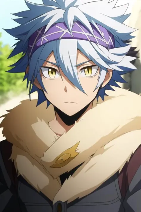 masterpiece, best quality, high quality, 1boy, solo, male focus, looking at viewer, upper body, <lora:horibe_itona:0.84>, horibe_itona, yellow eyes, white hair, headband, spiked hair, hair between eyes, fur trim