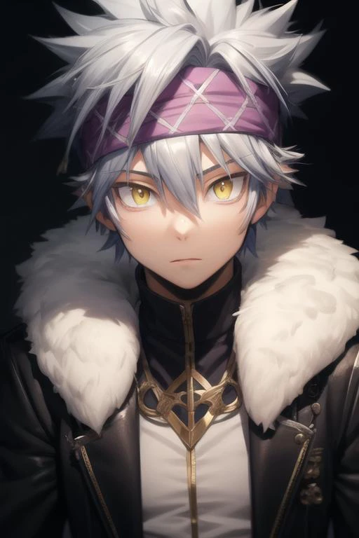 masterpiece, best quality, high quality, 1boy, solo, male focus, looking at viewer, upper body, <lora:horibe_itona:0.72>, horibe_itona, yellow eyes, white hair, headband, spiked hair, hair between eyes, fur trim