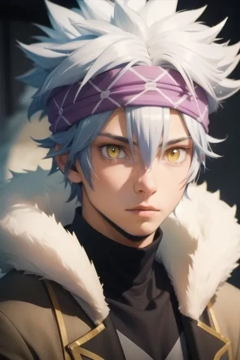 masterpiece, best quality, high quality, 1boy, solo, male focus, looking at viewer, upper body, <lora:horibe_itona:0.74>, horibe_itona, yellow eyes, white hair, headband, spiked hair, hair between eyes, fur trim