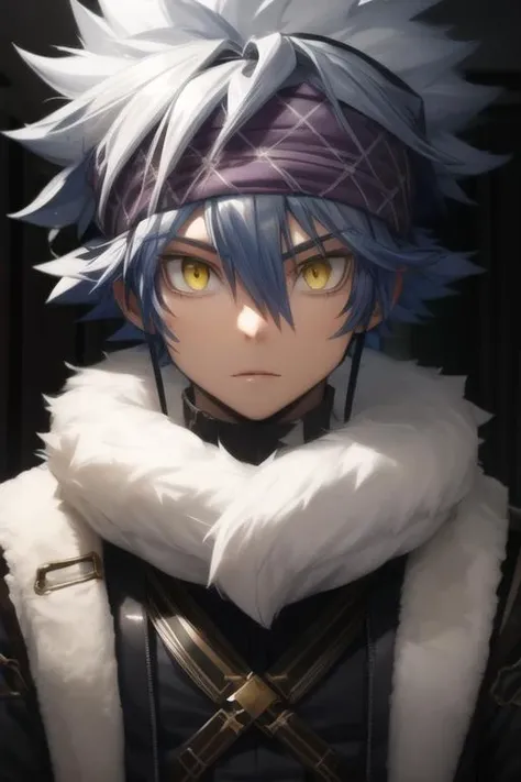 masterpiece, best quality, high quality, 1boy, solo, male focus, looking at viewer, upper body, <lora:horibe_itona:0.84>, horibe_itona, yellow eyes, white hair, headband, spiked hair, hair between eyes, fur trim
