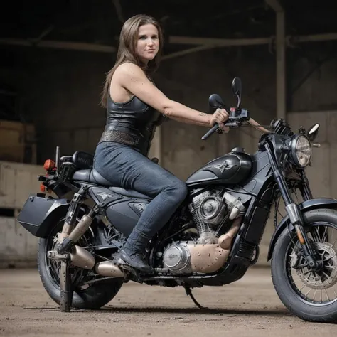 Create an RPG-style scene of a beautiful blue-eyed woman in a photo shoot riding a sexy motorbike