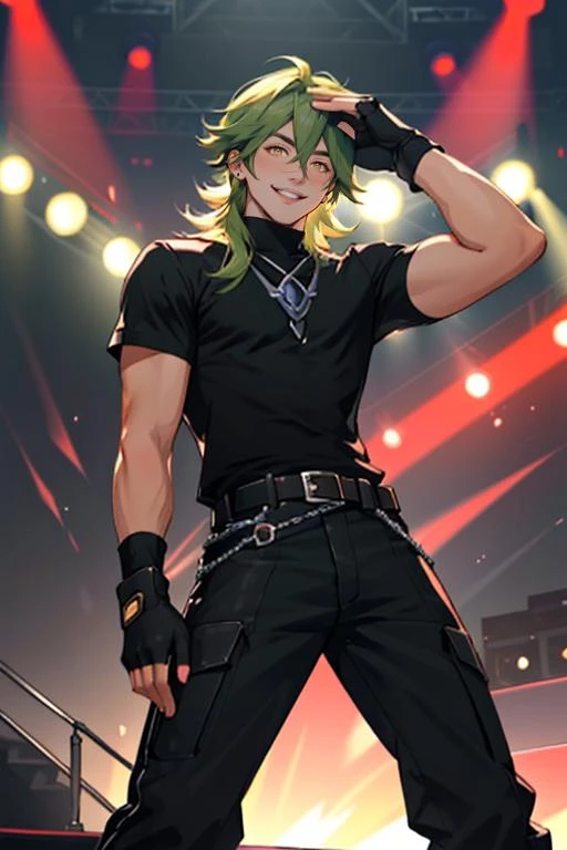 Ezreal_Heartsteel, solo, long hair, looking at viewer, smile, shirt, gloves, 1boy, hair between eyes, yellow eyes, male focus, green hair, teeth, black gloves, belt, pants, fingerless gloves, v, black pants, eyewear on head <lora:Ezreal_Heartsteel-03:1>, black short sleeves, stage