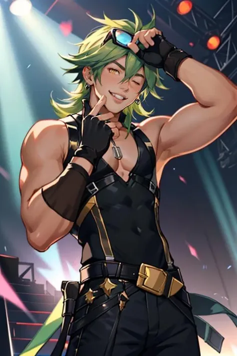 Ezreal_Heartsteel, solo, long hair, looking at viewer, smile, gloves, 1boy, hair between eyes, yellow eyes, male focus, green hair, teeth, black gloves, belt, pants, fingerless gloves, v, black pants, (yellow eyewear on head), <lora:Ezreal_Heartsteel-03:1>, black short sleeves, stage, jewelry,