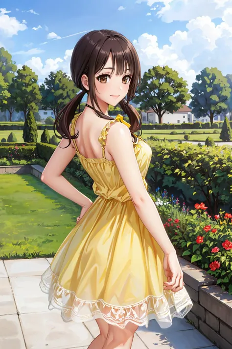 masterpiece, best quality, <lora:okitasawa-nvwls-v1-000009:0.9> okitasawa, low twintails, (yellow sundress:1.3), from behind, smile, garden, blue sky <lora:edgChamYellowSundress:1> edgYSD,woman wearing a yellow sundress