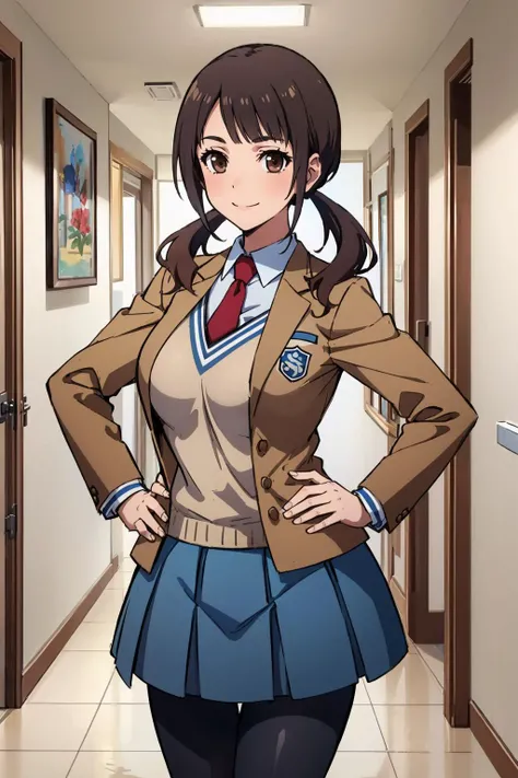 masterpiece, best quality, <lora:okitasawa-nvwls-v1-000009:0.9> okitasawa, low twintails, brown jacket, red necktie, yellow sweater vest, blue skirt, pantyhose, cowboy shot, looking at viewer, large breasts, smile, hallway, hand on hip