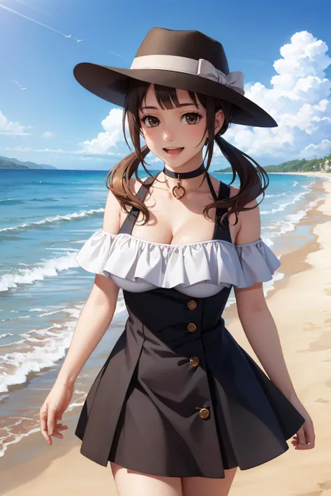 masterpiece, best quality, <lora:okitasawa-nvwls-v1-000009:0.9> okitasawa, low twintails, hat, choker, cleavage, frilled dress, black skirt, bare shoulders, :D, large breasts, cowboy shot, smile, looking at viewer, beach, walking, blue sky