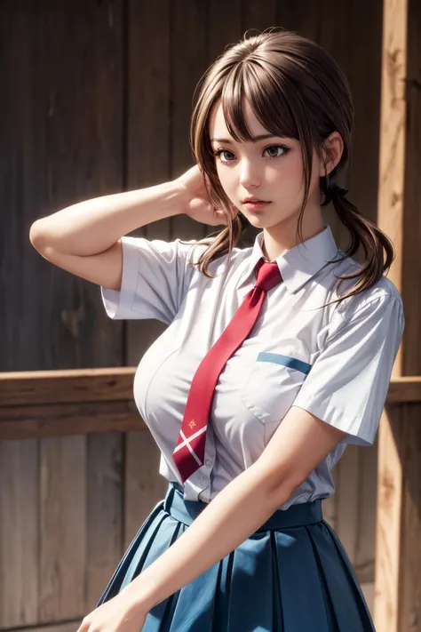 (ultra realistic,32k, masterpiece:1.2),(high detailed skin:1.1),( high quality:1.1),
<lora:okitasawa-nvwls-v1:0.8>okitasawa,brown hair, low twintails, white shirt, short sleeves, red necktie, blue skirt,fighting stance, huge breast,large breast,,<lora:add_detail:0.89>,
(refraction:1.1)blank background, blurry background