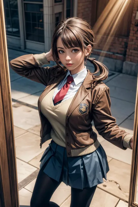 (ultra realistic,32k, masterpiece:1.2),(high detailed skin:1.1),( high quality:1.1),
<lora:okitasawa-nvwls-v1:0.8>okitasawa,brown hair, low twintails, brown jacket, red necktie, yellow sweater vest, blue skirt, pantyhose,(looking at viewer, standing from above:1.1),, huge breast,large breast,,<lora:add_detail:0.88>,
(dense light rays:1.1)interdimensional gateway, portal to parallel worlds, alternate realities, multidimensional travel, blurry background