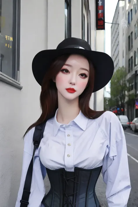((masterpiece)), (best quality), photorealistic, best quality, 1 girl, corset, looking at viewer, in street, Face details:1.4, upper body, Close UP, <lora:Yooa-01:1> <lora:Elixir:0.4>