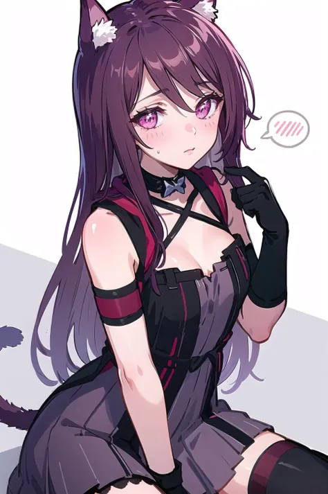 origin, 1girl, cat tail, solo, breasts, spoken blush, thighhighs, long hair, gloves, white background, cat girl, purple black dress, looking at viewer, simple background, small breasts, blush <lora:melantha-pynoise-000008:1>