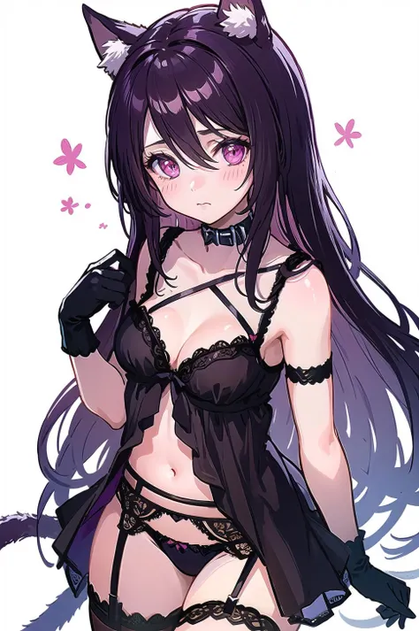 origin, solo, 1girl, garter belt, thighhighs, underwear, long hair, cat tail, breasts, panties, navel, white background, simple background, lingerie, blush, very long hair,cowboy shot <lora:melantha-pynoise:1>