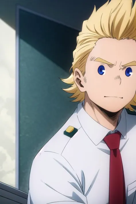 mirio, <lyco:mirio-lyco-nochekaiser:1>,
mirio, short hair, blonde hair, spiked hair,
BREAK shirt, school uniform, white shirt, necktie, collared shirt, belt, pants, red necktie, green pants, u.a. school uniform,
BREAK looking at viewer, upper body,
BREAK indoors, classroom,
BREAK <lyco:GoodHands-beta2:1>, (masterpiece:1.2), best quality, high resolution, unity 8k wallpaper, (illustration:0.8), (beautiful detailed eyes:1.6), extremely detailed face, perfect lighting, extremely detailed CG, (perfect hands, perfect anatomy),