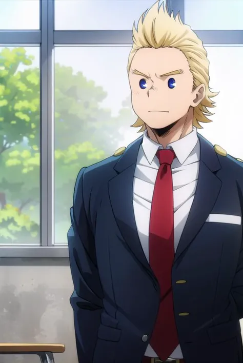 mirio, <lyco:mirio-lyco-nochekaiser:1>,
mirio, short hair, blonde hair, spiked hair,
BREAK shirt, school uniform, white shirt, necktie, collared shirt, belt, pants, red necktie, green pants, u.a. school uniform,
BREAK looking at viewer, upper body,
BREAK indoors, classroom,
BREAK <lyco:GoodHands-beta2:1>, (masterpiece:1.2), best quality, high resolution, unity 8k wallpaper, (illustration:0.8), (beautiful detailed eyes:1.6), extremely detailed face, perfect lighting, extremely detailed CG, (perfect hands, perfect anatomy),