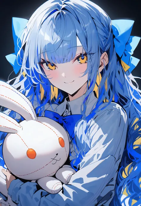 masterpiece, best quality,
//////////////1girl, solo, smile, blue hair, long hair, stuffed toy, looking at viewer, stuffed animal, bow, upper body, hair bow, holding, bangs, holding stuffed toy, closed mouth, multicolored hair, stuffed bunny, yellow eyes, blue bow, blue eyes
////////<lora:sd_xl_dpo_lora_v1-128dim:1> <lora:ziyunKohakuGammaV2:1>
