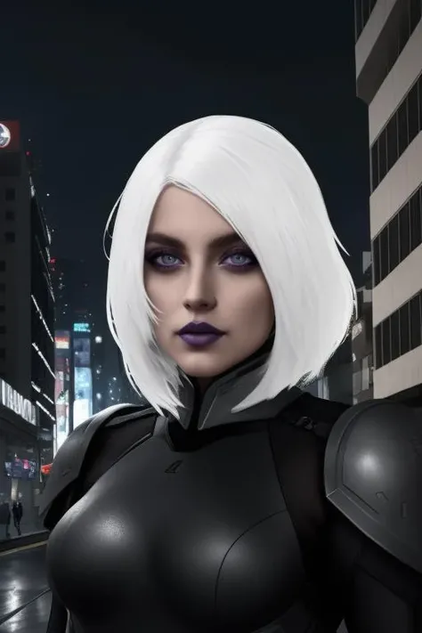 woman,<lora:kiraV47:0.7>,grey eyes,white hair,in dystopian city,dark environement,masterpiece,purple lips,dark makeup,