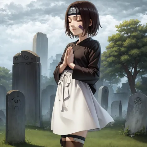 1girl, cowboy shot, solo, nohara rin, brown hair, black kimono, white apron, black shorts, bandages, facial mark, forehead protector, black thighhighs, closed mouth, cowboy shot, graveyard, praying, closed eyes, rain, outdoors, cloudy sky, leaf, ruins, sunbeam, post-apocalypse
<lyco:rin_v10-000012-32rank:1> <lyco:dusty_dream_v1-000020:unet=1:te=0>