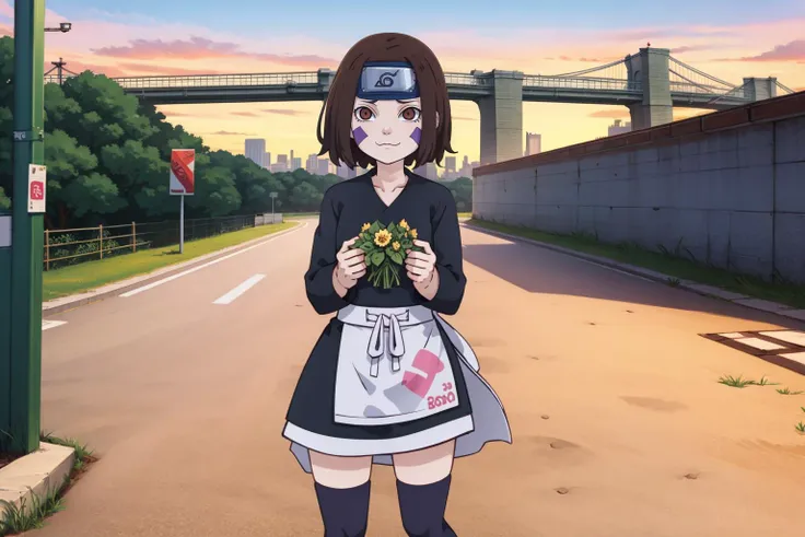 nohara rin, 1girl, solo, cowboy shot, white apron, brown eyes, brown hair, facial mark, forehead protector, black shirt, black thighhighs, :3, holding flowers, 1980 brooklyn, brooklyn bridge, outdoors, graffiti by banksy on background
<lyco:rin_v10-000012-32rank:1>, <lora:chahan_v1_DAdapt-000015-32rank:0.8> <lyco:kame_locon_dylora_v7-000015-32rank:unet=0.8:te=0>