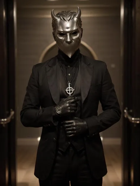 RAW photo, thin 1man, black strict suit, chrome devil mask, artistic pose, complex church background, 8k uhd, dslr, soft lighting, high quality, film grain, Fujifilm XT3, (intricate details:0.9), (hdr, hyperdetailed:1.2)
<lora:NamelessGhoul:0.7> NamelessGhoul