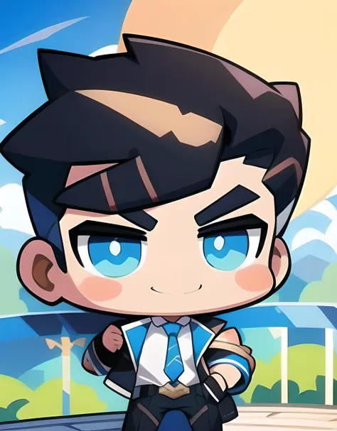 (masterpiece:1.2, best quality), <lora:Battle_Academia_Jayce:0.7>, battle academia jayce, solo, smile, short hair, black hair, 1boy, white shirt, male focus, open clothes, belt, black jacket, black pants, blue necktie, chibi, <lora:chibi4:0.7>