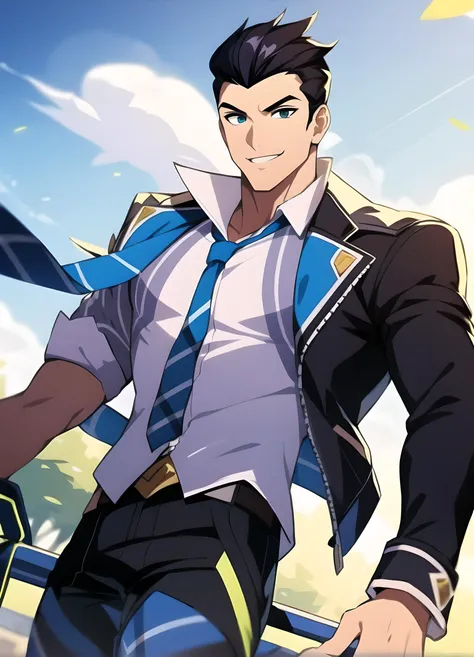 (masterpiece:1.2, best quality), <lora:Battle_Academia_Jayce:0.7>, battle academia jayce, solo, smile, short hair, black hair, 1boy, jacket, white shirt, male focus, open clothes, belt, black jacket, black pants, blue necktie