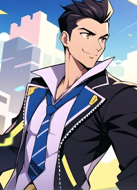 (masterpiece:1.2, best quality), <lora:Battle_Academia_Jayce:0.7>, battle academia jayce, solo, from side, smile, short hair, black hair, 1boy, jacket, white shirt, male focus, open clothes, belt, black jacket, black pants, blue necktie