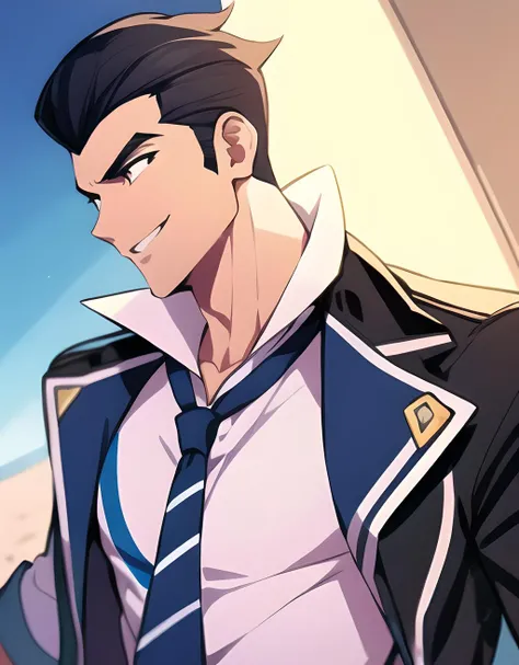 (masterpiece:1.2, best quality), <lora:Battle_Academia_Jayce:0.7>, battle academia jayce, solo, smile, short hair, black hair, 1boy, white shirt, male focus, open clothes, belt, black jacket, black pants, blue necktie, portrait