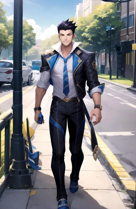 (masterpiece:1.2, best quality), <lora:Battle_Academia_Jayce:0.7>, battle academia jayce, solo, short hair, black hair, 1boy, white shirt, male focus, open clothes, belt, black jacket, black pants, blue necktie, walking, full body, smile