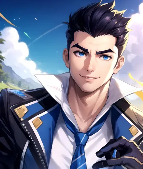 (masterpiece:1.2, best quality), <lora:Battle_Academia_Jayce:0.7>, battle academia jayce, solo, smile, short hair, shirt, black hair, gloves, 1boy, holding, jacket, white shirt, upper body, male focus, black gloves, collared shirt, thick eyebrows, blue necktie, portrait