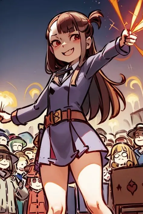 1girl, akko-8700, (stage:1.1), theater, (crowd:1.5), holding magic wand, casting spells, fireworks, jumping, smile, <lora:modernAmericanComics_v10:0.7>, american comics one