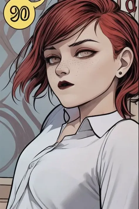 portrait, a woman with red hair  and freckles, wearing shirt, dynamic pose, flat colors, context art, cartoon style, Goth, lines, outline, ((90 comics)), white plain background, <lora:modernAmericanComics_v10:0.81>