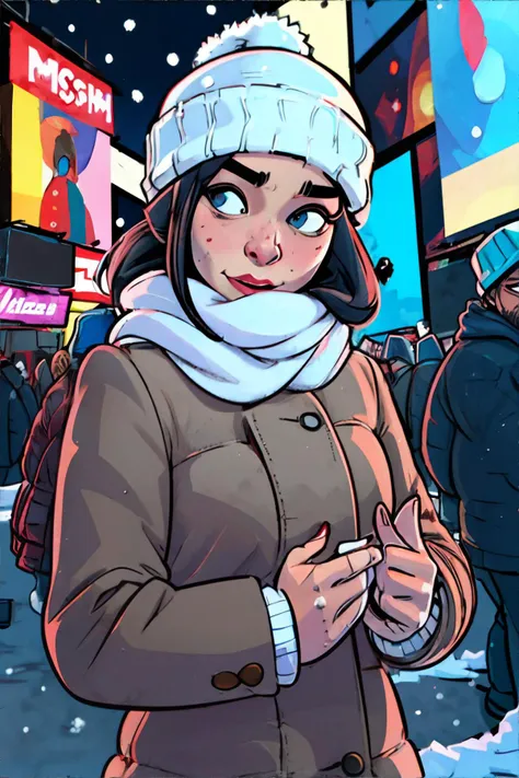 <lora:modernamericancomic:0.8>, american comics one, woman, knit scarf, beanie hat, rosy cheeks, winter, snow, times square, christmas || <lora:modernamericancomic:0.6>, masterpiece, perfect quality, sharp focus, shallow depth of field, 8k