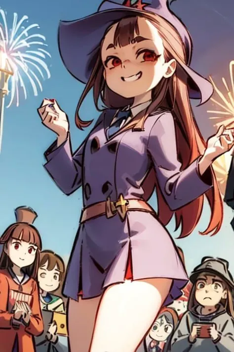 1girl, akko-8700, (stage:1.1), theater, (crowd:1.5), magic, casting spells, fireworks, jumping, <lora:modernAmericanComics_v10:0.7>, american comics one