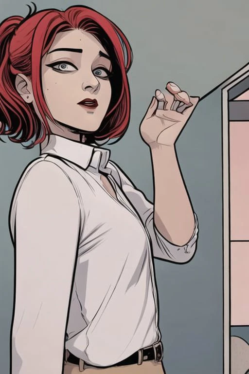 portrait, a woman with red hair and freckles, wearing shirt, dynamic pose, flat colors, context art, cartoon style, Goth, lines, outline, ((90 comics)), white plain background, <lora:modernAmericanComics_v10:0.81>