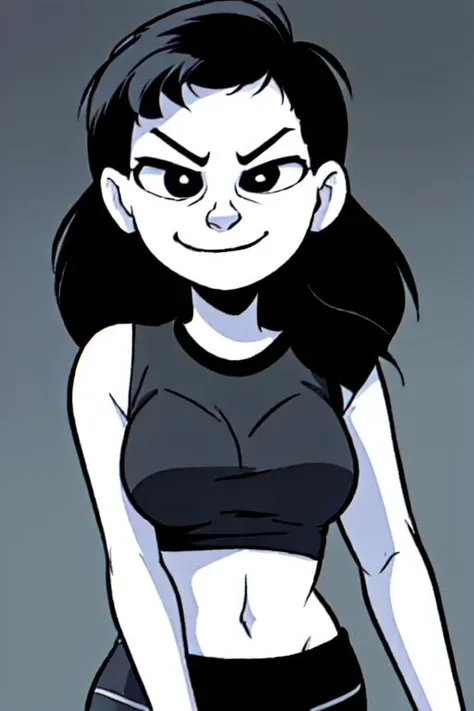 american comics one, 1girl, cute, white skin, round face, (black eyes:1.2), teenage, tall, skinny, medium breasts, (black t-shirt, black pants:1.2), long hair, straight hair, (long black hair:1.2), dark minimalist backdrop, smirk, constricted pupils, upper body, eyeliner,<lora:American_comics_one:0.6>, <lyco:coloredSkin-08:1.0>, <lora:Hilda_Netflix_Series:0.4>, sfw
