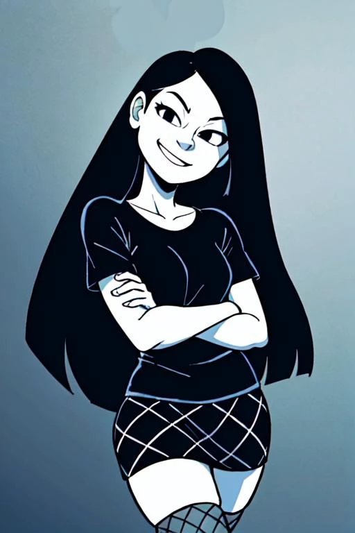 1girl, mature, white skin, tall, skinny, smile, head tilt, black shirt, skirt, fishnet stockings, full body, black hair, long hair, straight hair, looking at viewer, minimalist backdrop, black eyes, smirk, upper body, <lora:PeanutsishB:0.3>, <lora:American_comics_one:0.4>