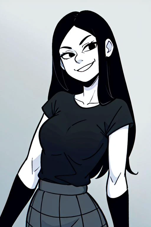 1girl, mature, white skin, tall, skinny, smile, head tilt, black shirt, skirt, fishnet stockings, full body, black hair, long hair, straight hair, looking at viewer, minimalist backdrop, black eyes, smirk, upper body, <lora:PeanutsishB:0.3>, <lora:American_comics_one:0.4>