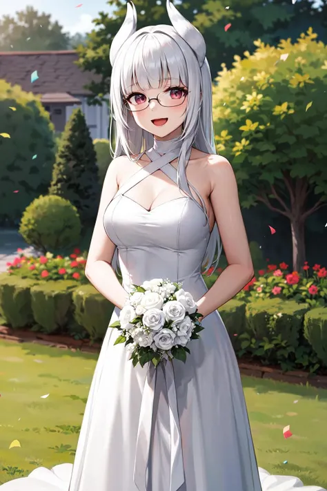 biwa hayahide \(umamusume\) wearing a white wedding dress, under rim glasses, tiara, wedding veil in front of face, wedding bouquet