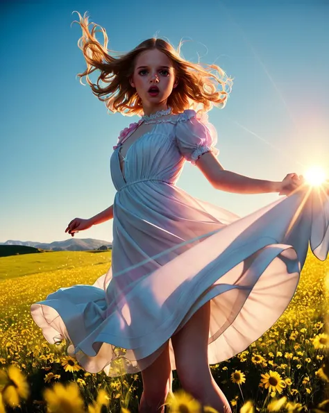 Cocolovelock, woman,
"Whispers of the Wind": The camera hovers just above the ground, capturing her as she twirls in a sunlit meadow. The shot follows her movement, tracing the delicate sway of her gown and the gentle breeze that rustles through the grass, creating a serene and enchanting scene.